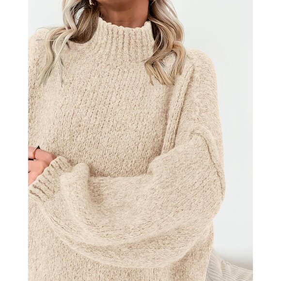 Women’s Oversized Knitted Sweater Long Sleeve Mock Neck Fall Winter Top - Picture 7 of 7